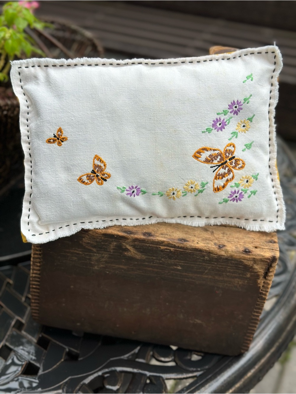 Vintage Hand Embroidered Butterfly Floral Feather Pillow Handmade 10.5 x 7.5